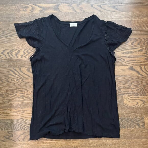 ANTHROPOLOGIE t.la V-neck lace eyelet sleeve T shirt top size Women's LARGE - Picture 1 of 3